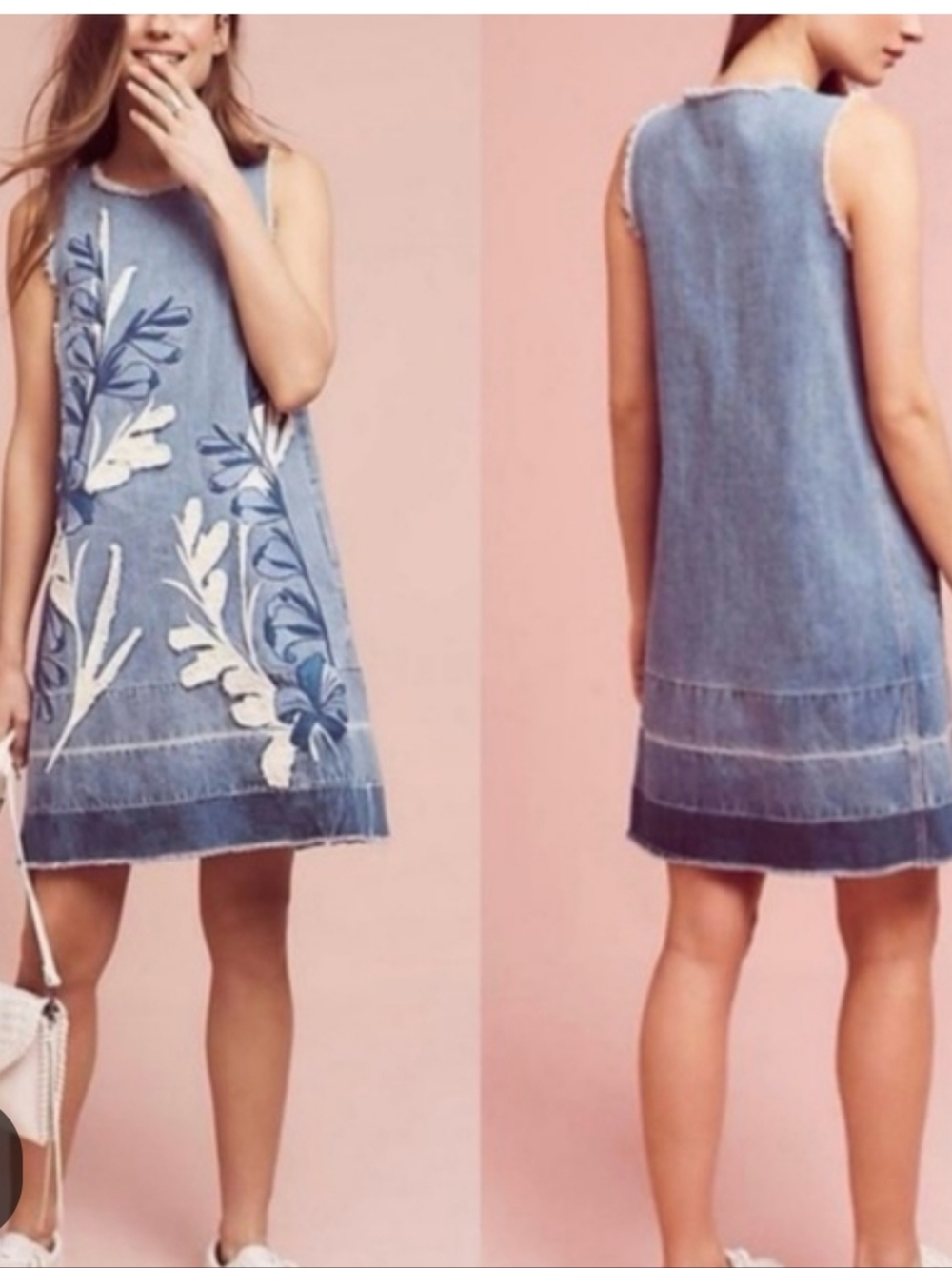 Anthropology Holding Horses Blue Denim Floral Embroidered Shift Dress Size XL